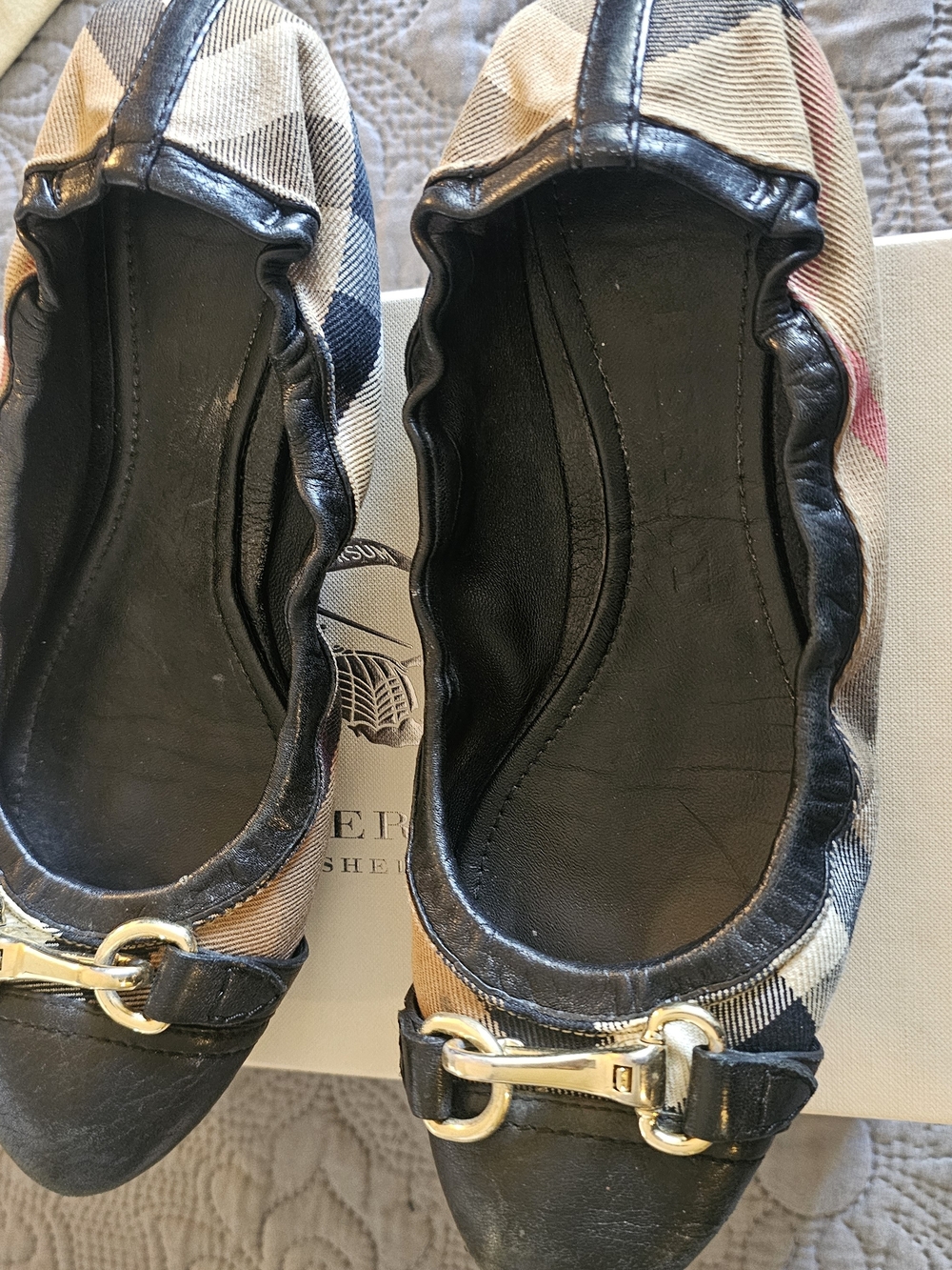 Burberry Plaid Canvas Ballet Flats with Black Leather Trim